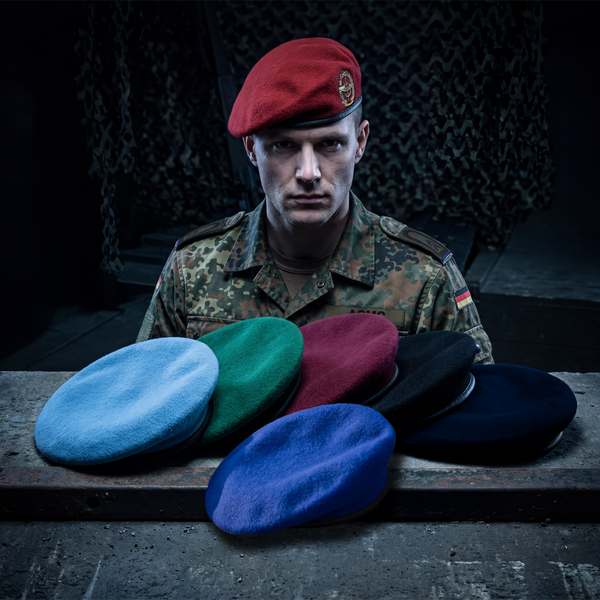 Bundeswehrsoldat mit rotem Barett hinter Baretten in verschiedenen Farben