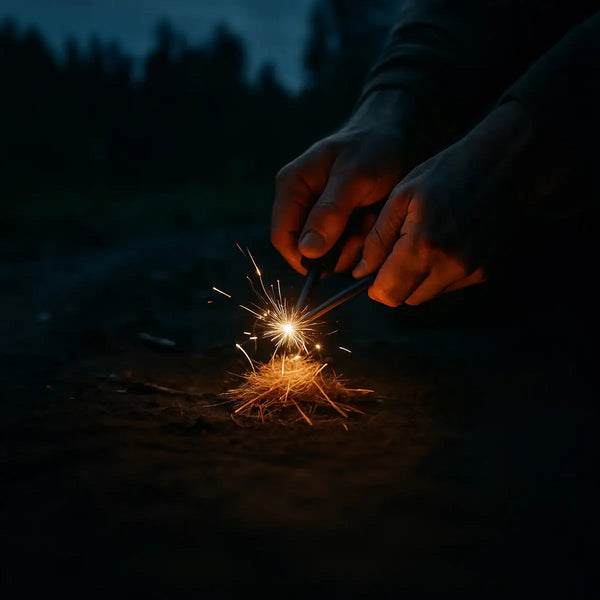 Feuerstahl zündet kleinen Holzscheit an.