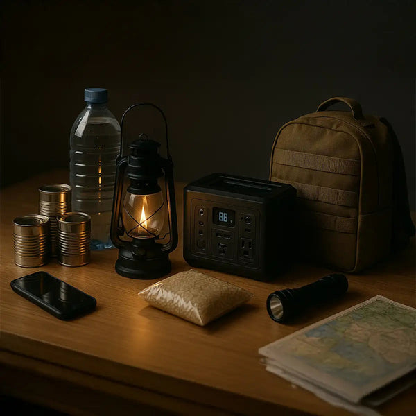 Ein Tisch mit einer Karte, Lampe, Rucksack, Notnahrung, kleinen Koffer, Handy, Öllampe, Wasser, und drei kleinen Bechern.