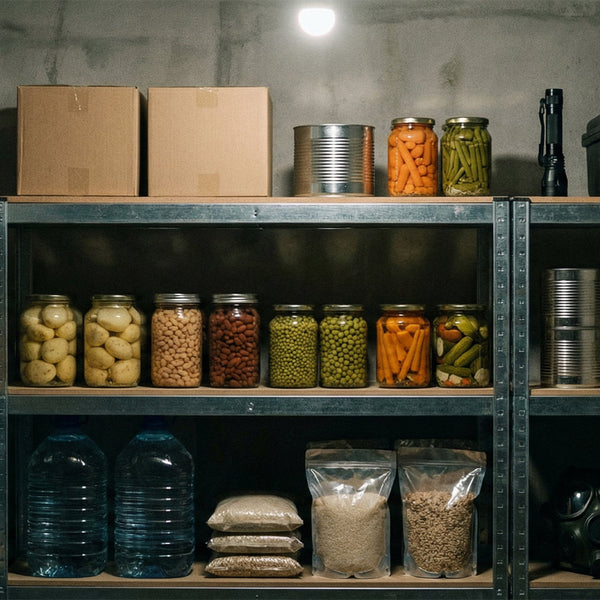 Prepper-Vorrat: Schrank mit Notfallnahrung, Wasserkanistern und Taschenlampen