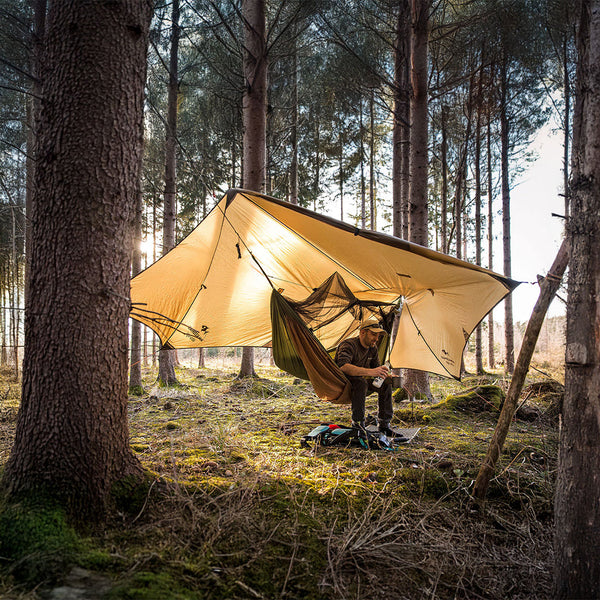 Tarp im Wald gespannt zwischen zwei Bäumen