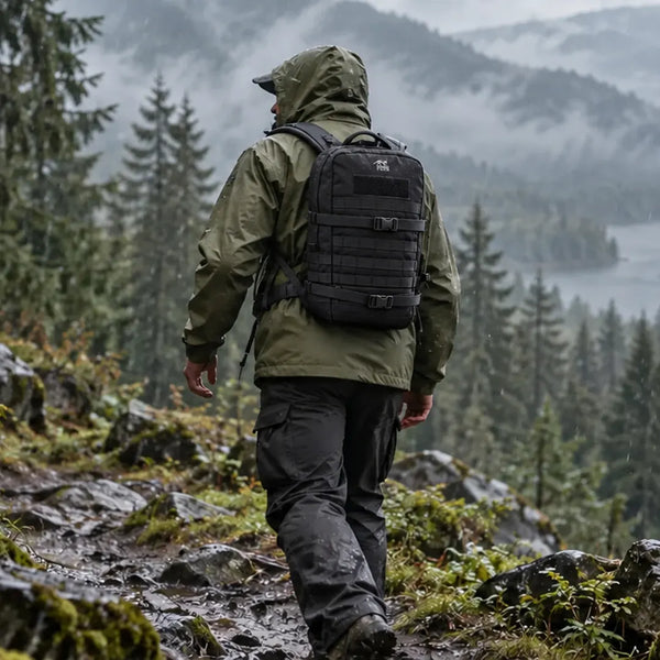 Person mit olivfarbener Regenjacke und schwarzem TT Essential Pack L MKII im regennassen Wald – KI-generiertes Symbolbild