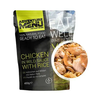 Chicken prepared in the style of wild game with rice