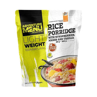 Lightweight rice porridge with strawberry, mango, and vanilla