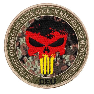 Punisher Skull patch with text, round, camouflage black and red