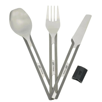 Titanium cutlery set, three-piece, with silicone sleeve