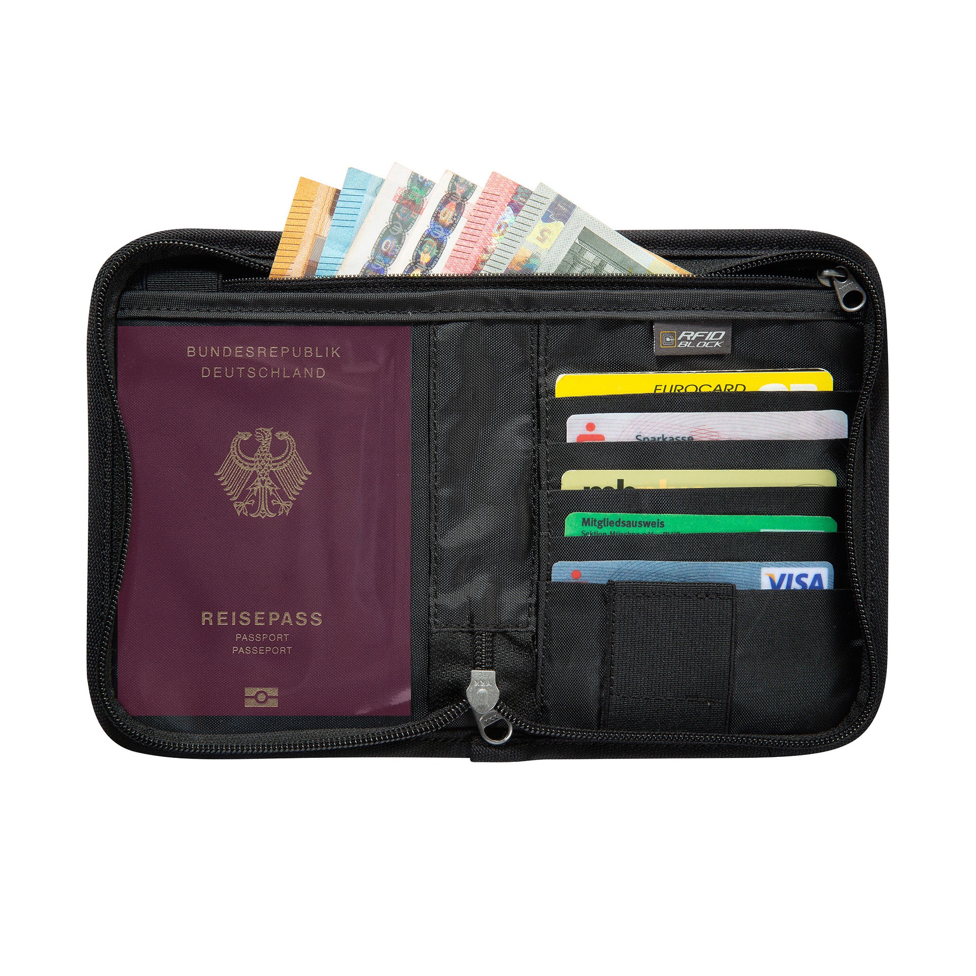 Travel zip wallet with RFID blocking