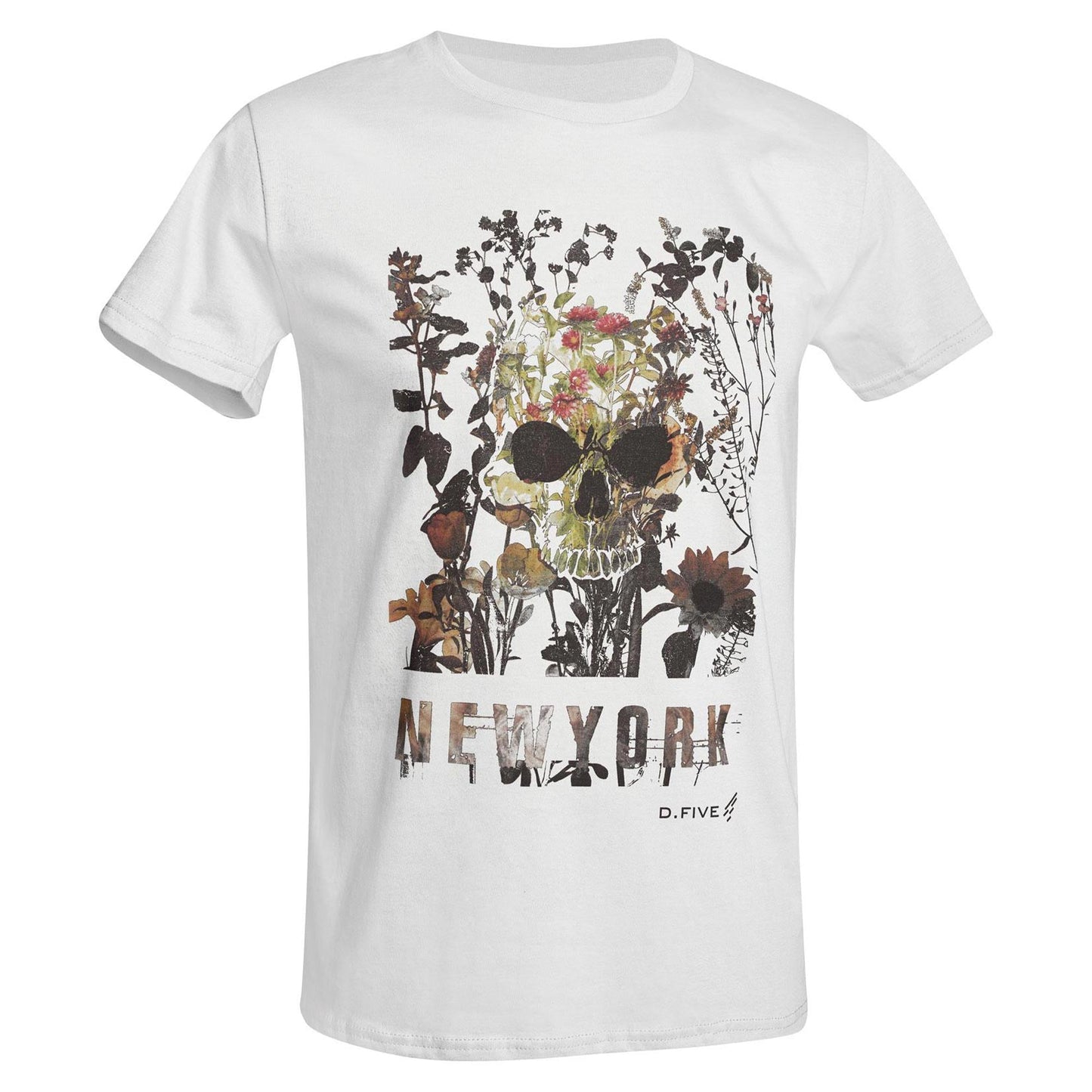 T-shirt petto teschio fiori bianco