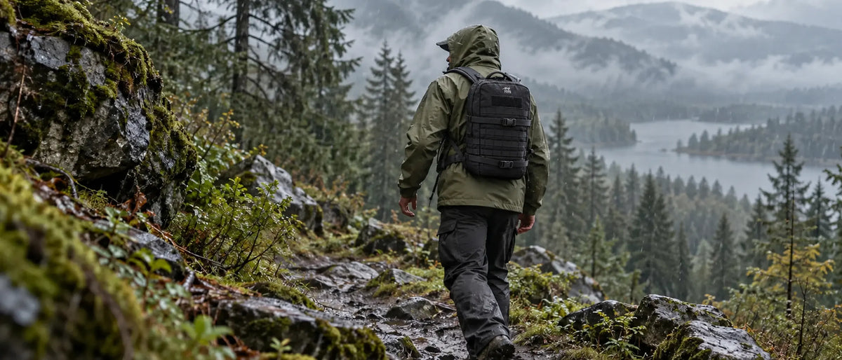 Person mit olivfarbener Regenjacke und schwarzem TT Essential Pack L MKII im regennassen Wald – KI-generiertes Symbolbild