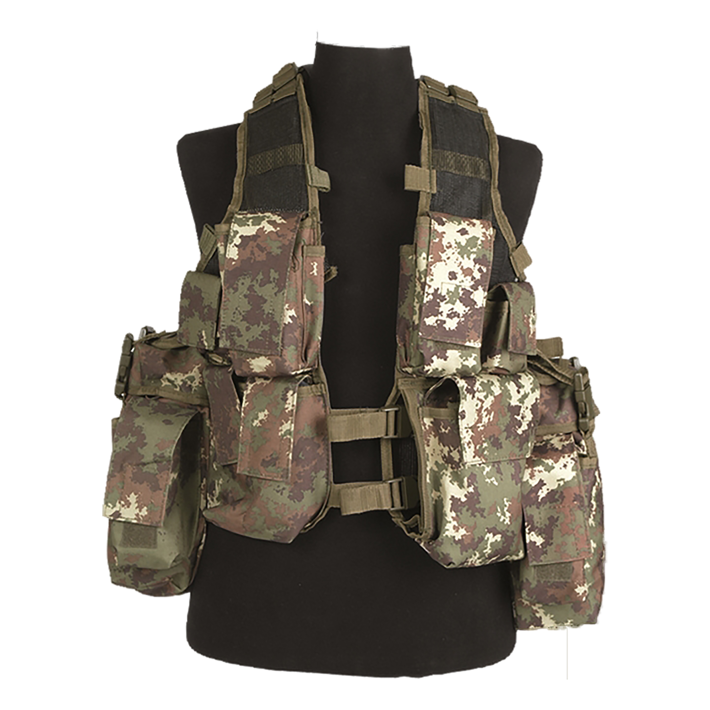 Tactical Assault Vest In Vegetato Woodland Camo 8 Pouches Holster NEW 