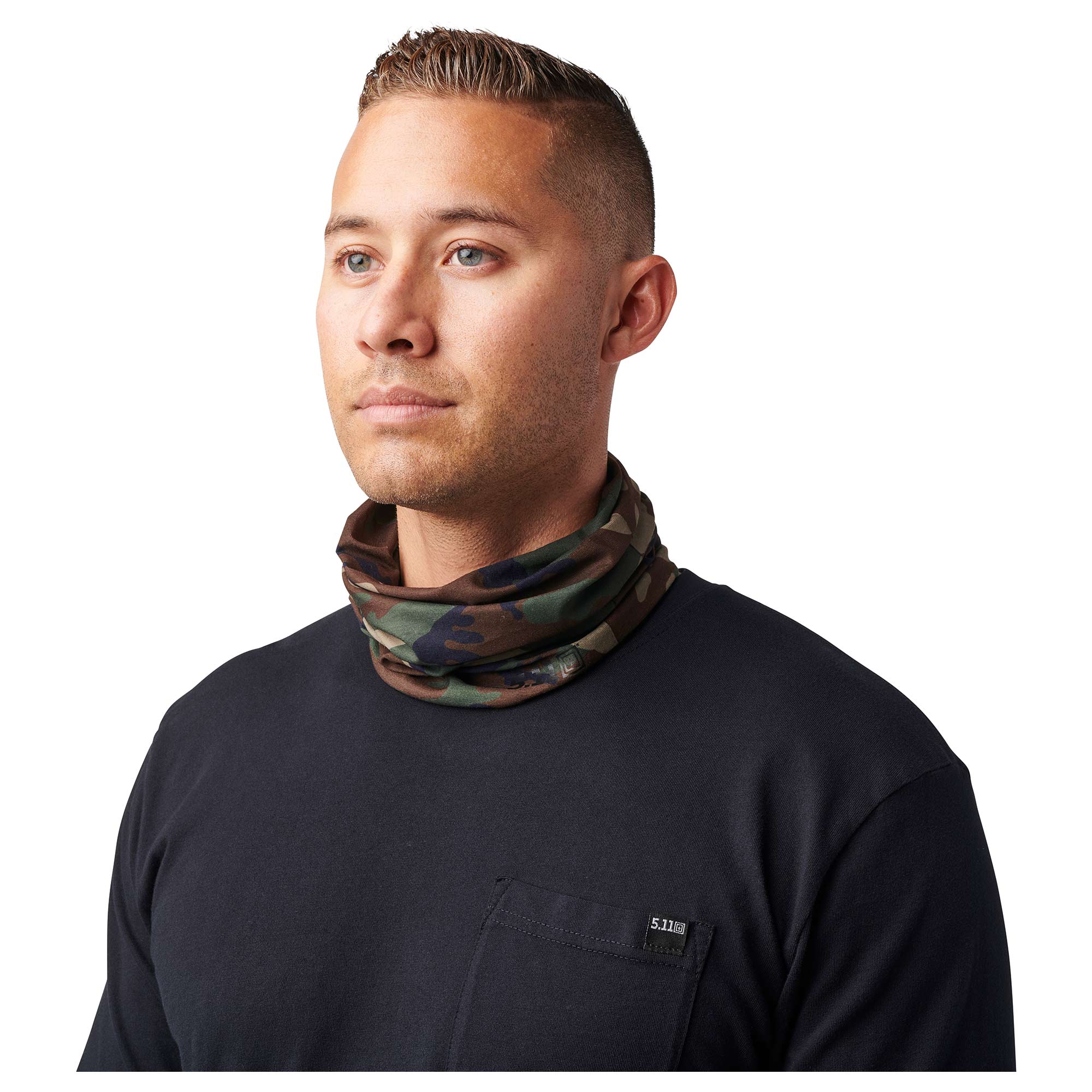 Purchase the 5.11 Halo Neck Gaiter woodland camo by ASMC