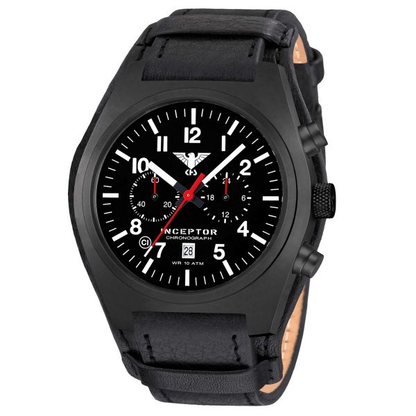 KHS Watch Inceptor Black Steel Chronograph Leather-G-Pad black