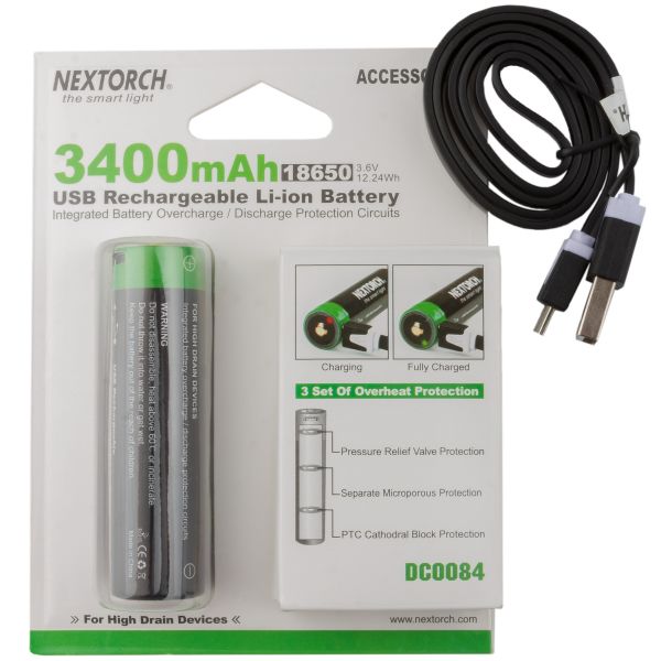 Nextorch Rechargeable Battery 18650 USB Li-Ion 3.6V 3.400 mAh