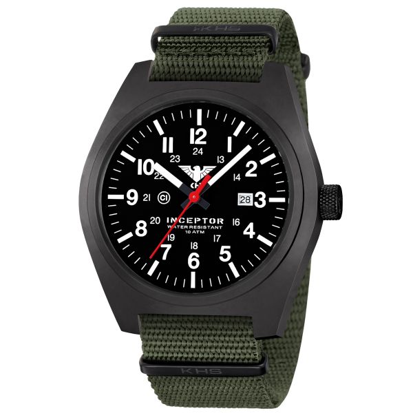 KHS Wrist Watch Inceptor Black Steel Nato Band olive